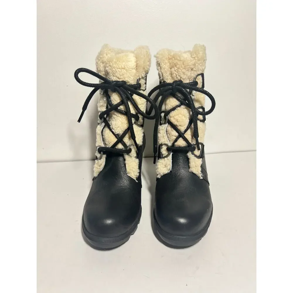 Sorel EUC Black Leather Joan of Arctic Wedge II Shearling Waterproof Boot Size 8